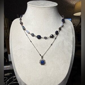 Silver Necklace Set with Blue Beads and Blue Pendant